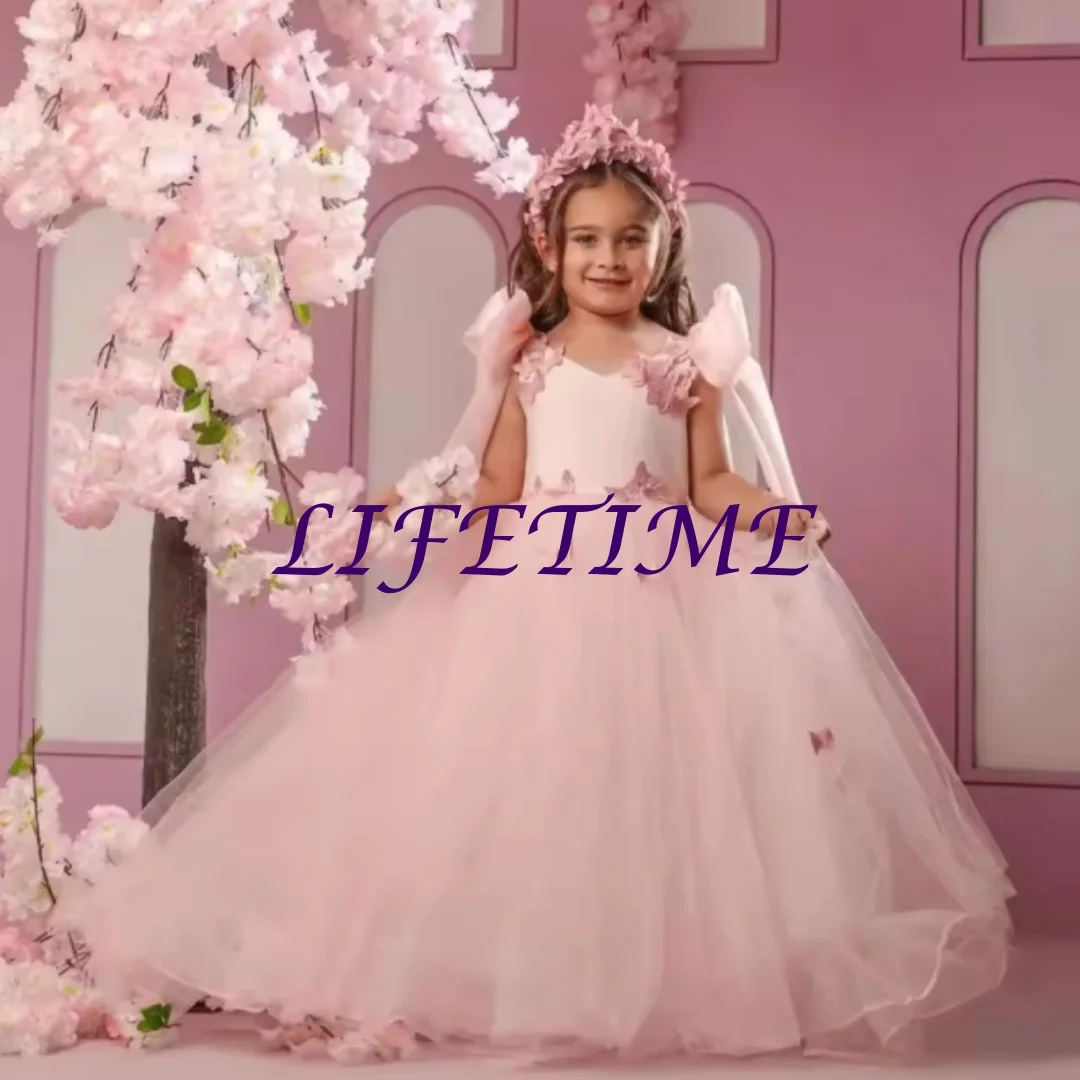 Sukienka dla dziewczynki na wesele w kolorze pudrowego różu z kwiatowymi aplikacjami, tiulowa, elegancka, księżniczka, druhna, na urodziny, bal maturalny.