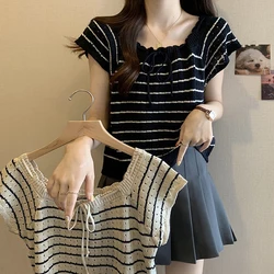 Women Summer Casual Contrast Color Striped Hollow Out T-shirt Versatile Lace up Short Sleeved Shirt Thin Crochet Crop Tops Tees