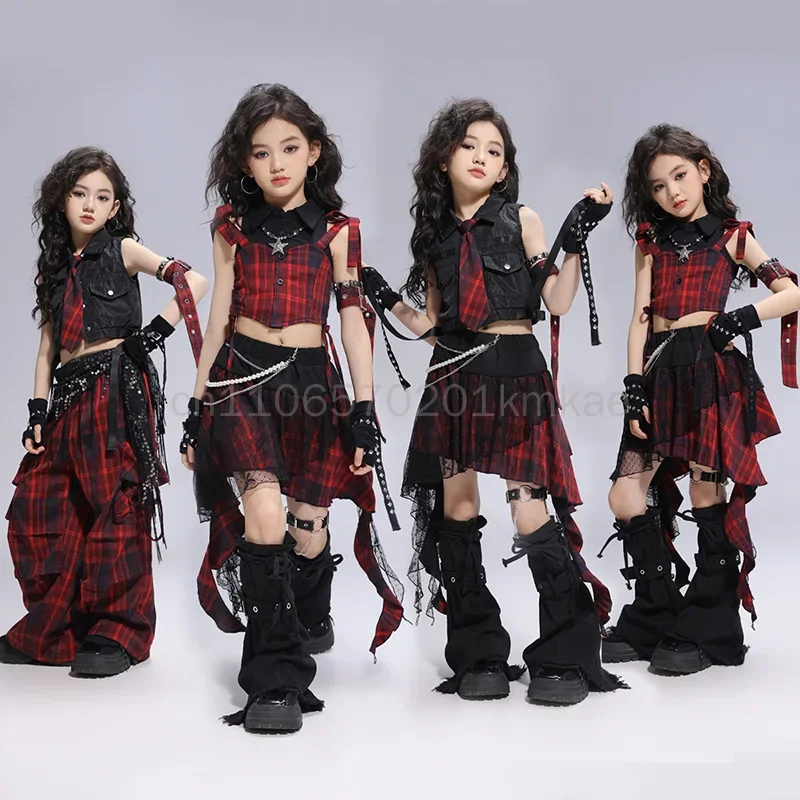 Plaid Hip Hop Dance Outfit Fashion Street Dance Crop Top Pants Skirt Kpop Jazz Stage Performance Costume For Daily & Show Wear