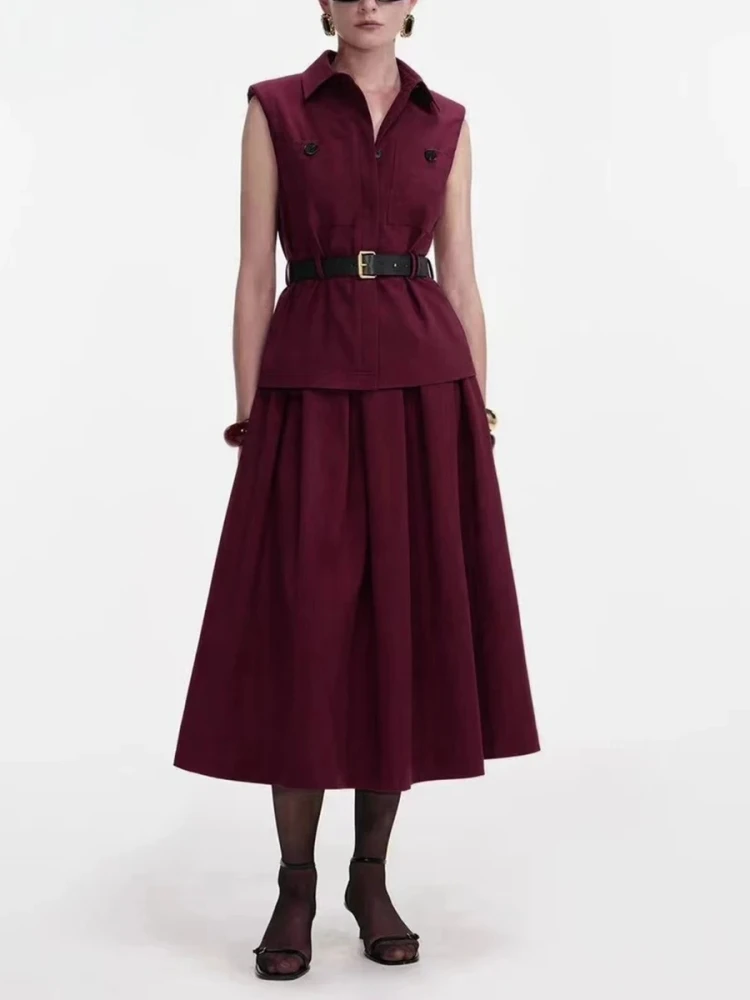 

Women Slim Skirts Two Piece Set Sexy Sleeveless Collared Top with Belted + A-line Long Skirts Suits Party Evening Sets