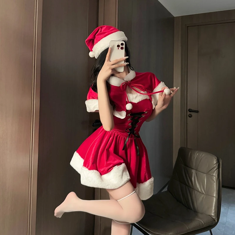 Sexy lingerie Christmas Outfit Battle Robe Sexy Small Chest Clothes Hat Dress W1 white Socks Red