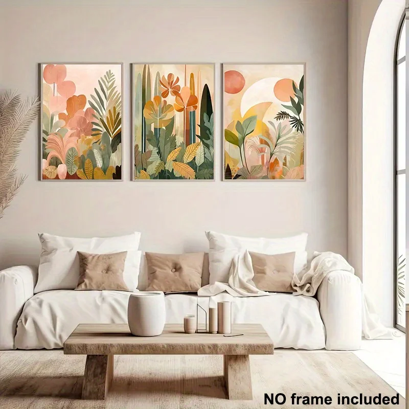 مسطح ثنائي الأبعاد، 3 قطع، مطبوعات قماشية بدون إطار ثنائية الأبعاد، مجموعة فنية لتزيين المنزل مكونة من ثلاثة نباتات ملونة تجريدية وجدار الغابة الاستوائية الأزهار أ