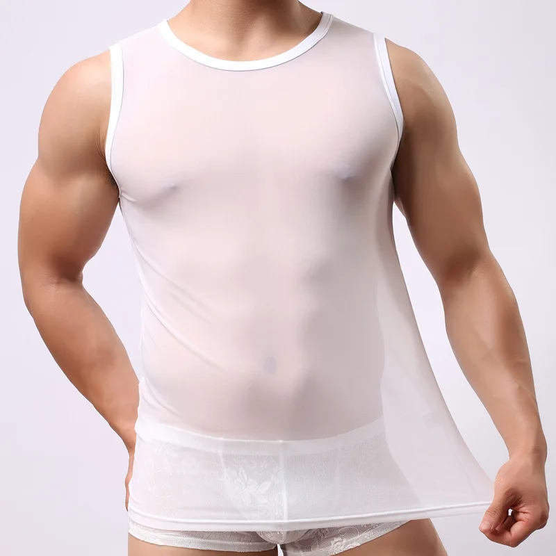 شبكة شير تانك القمم للرجال مثير شفافة أكمام واسعة الكتف جولة الرقبة مطاطا المجهزة سترة رقيقة جدا سريعة الجافة القمصان #1