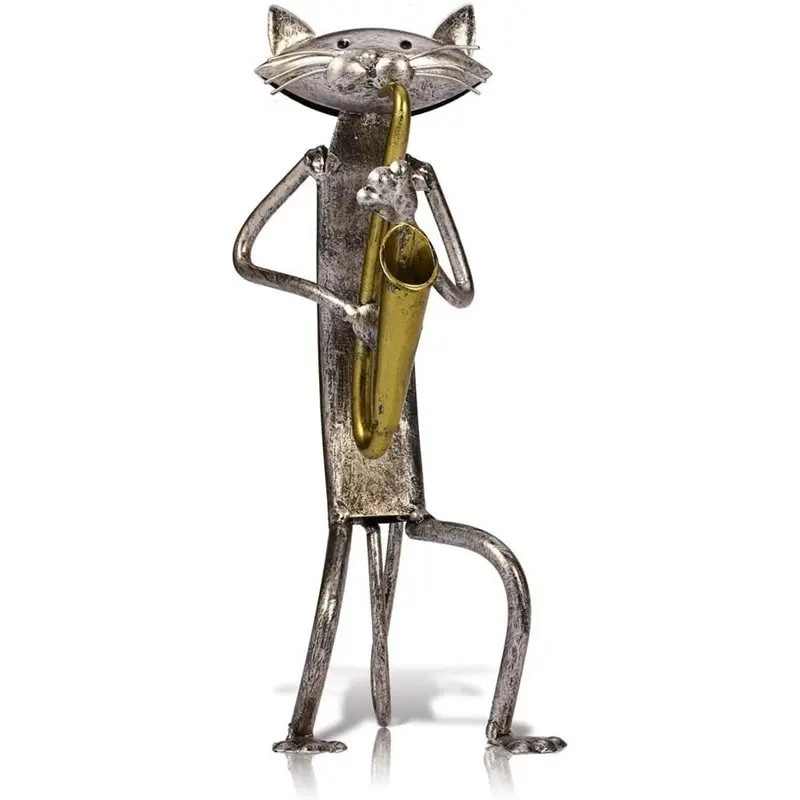 ABGR-A Playing Saxophone Cat Metal Sculpture Statue Handwork Handicrafts, Funny Design, Decorative Gifts, Desktop Ornaments
