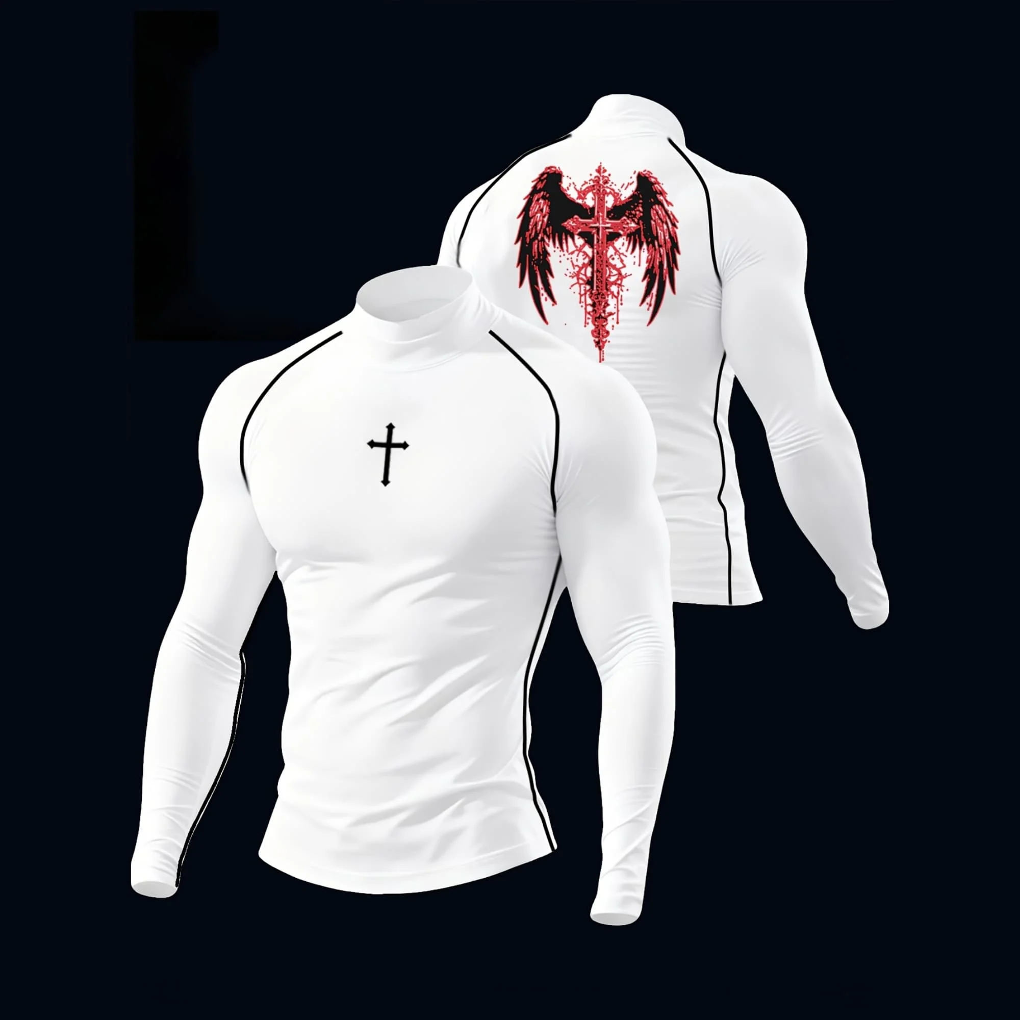 Herren Rollkragen Slim Fit Langarmshirt mit Frontkreuz- und Rückenflügelkreuz-Motiv, Figurbetontes Basic-T-Shirt – Detail 6