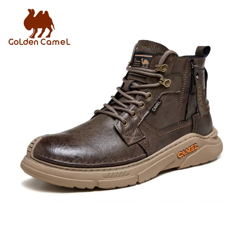 GOLDEN CAMEL Men's Shoes Retro Fashion Hiking Boots for Men Retro Grain Zipper Thick Bottom High Top Winter Work Boots Non-slip