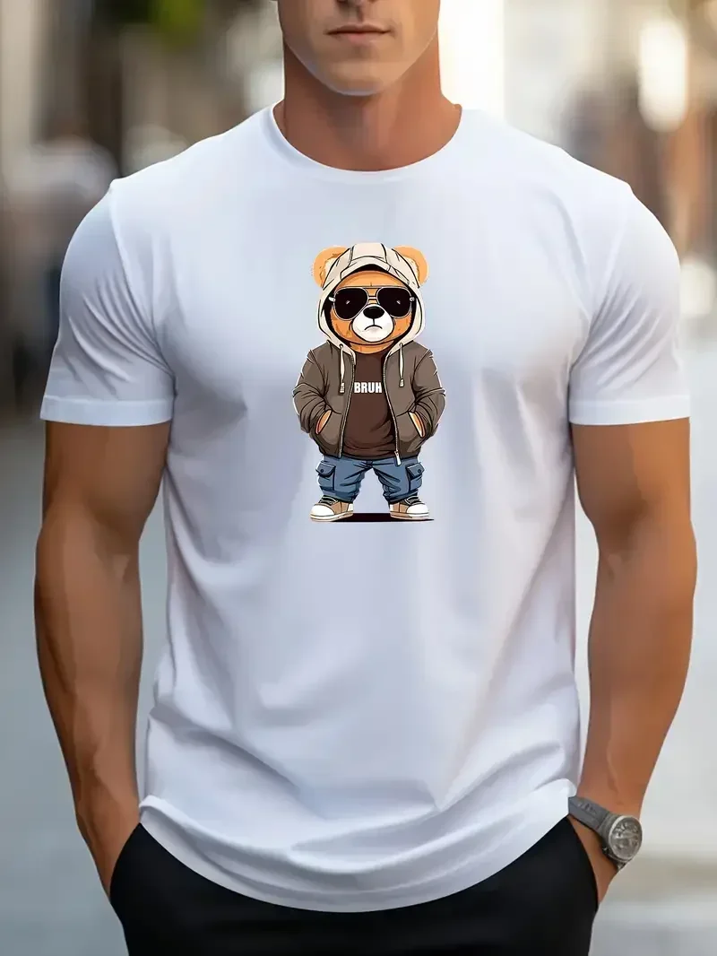 Men's Kids Streetwear-Inspired Cartoon Bear T-Shirt Versatile Crew Neck Summer-Ready Short Sleeves Trendy Casual Wear