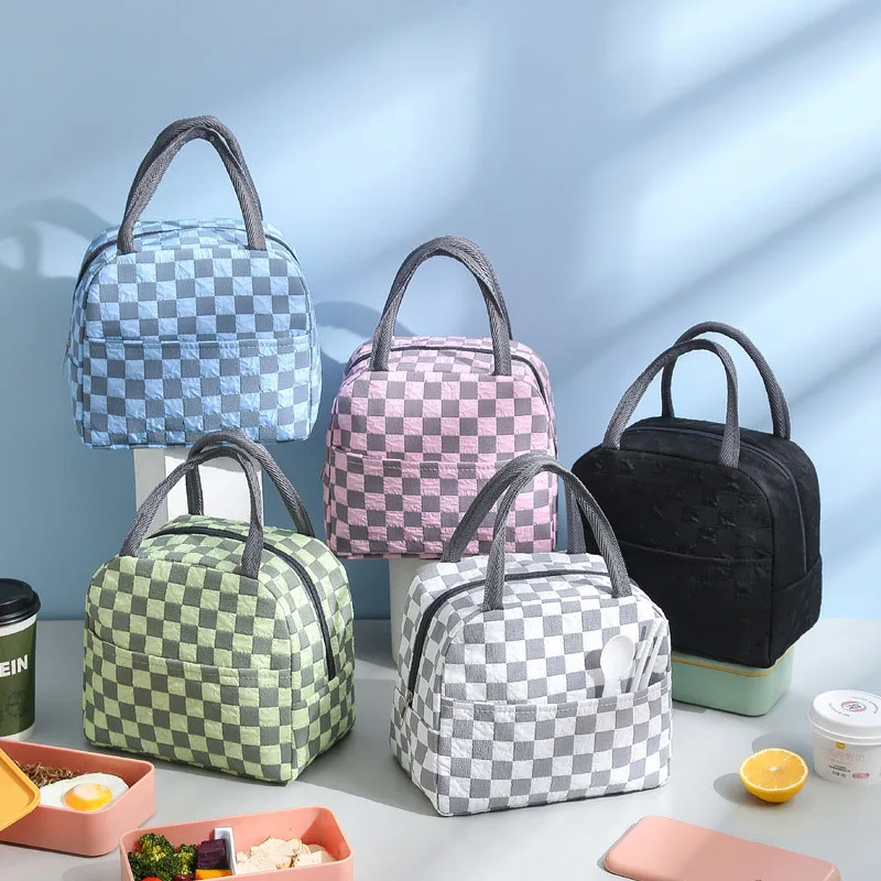 

Trendy Grid Print Lunchbox Thickening Oxford Storage Bag Office Lunch Bags Casual Handbag Portable Picnic Small Tote Bag