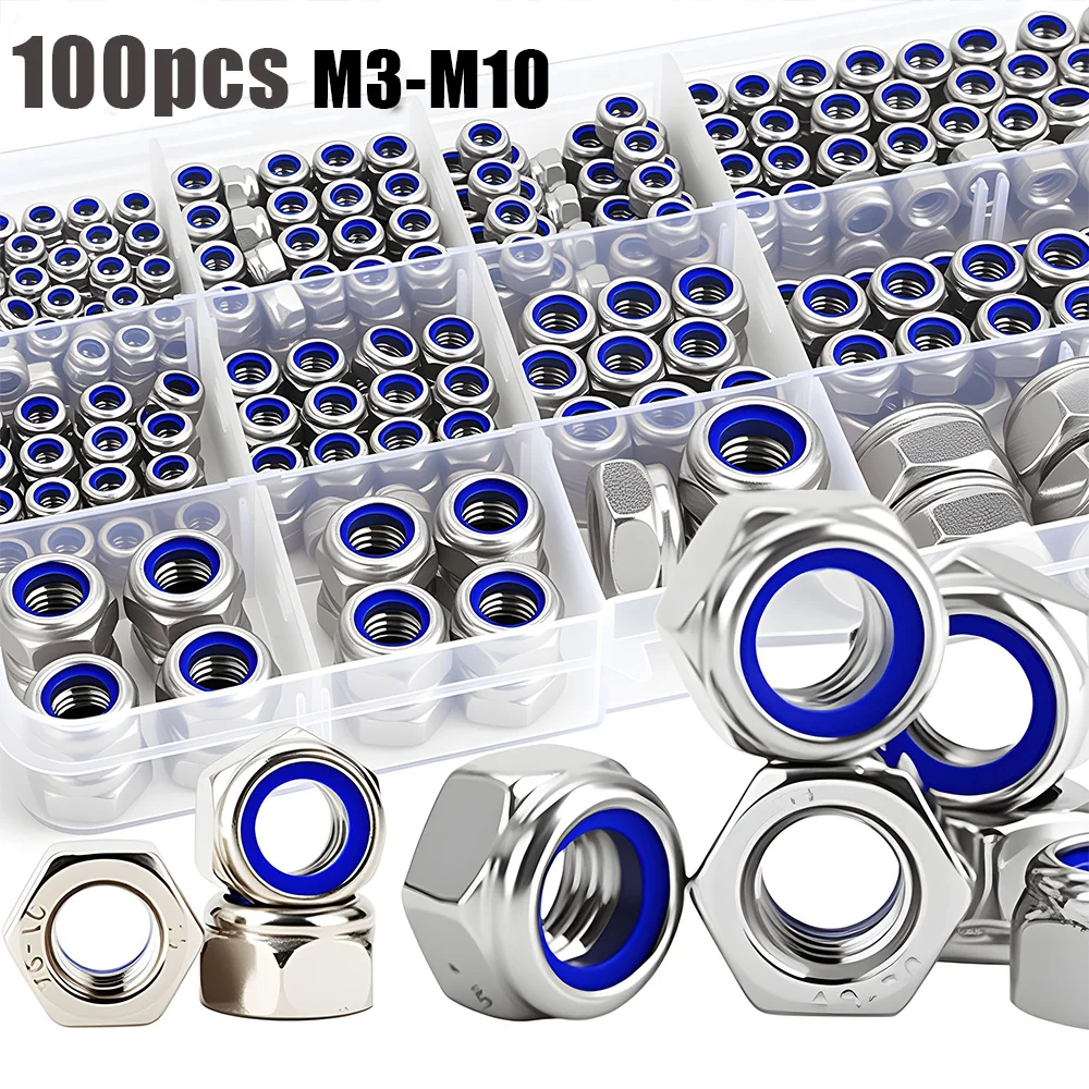 100 pieces of stainless steel nylon anti-slip self-locking nuts M3-M10, nylon embedded nuts, hexagonal screw caps