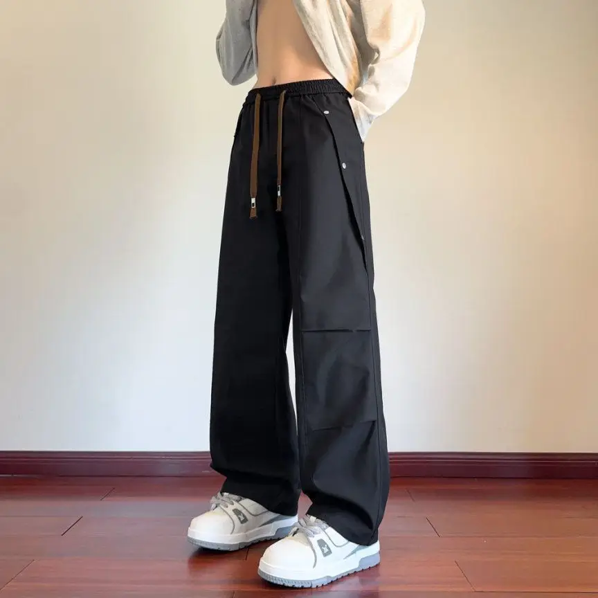 Men's Wide Leg Cargo Pants Streetwear Straight Trousers with Rivets Wrinkle Free Casual Fashion Fall Winter