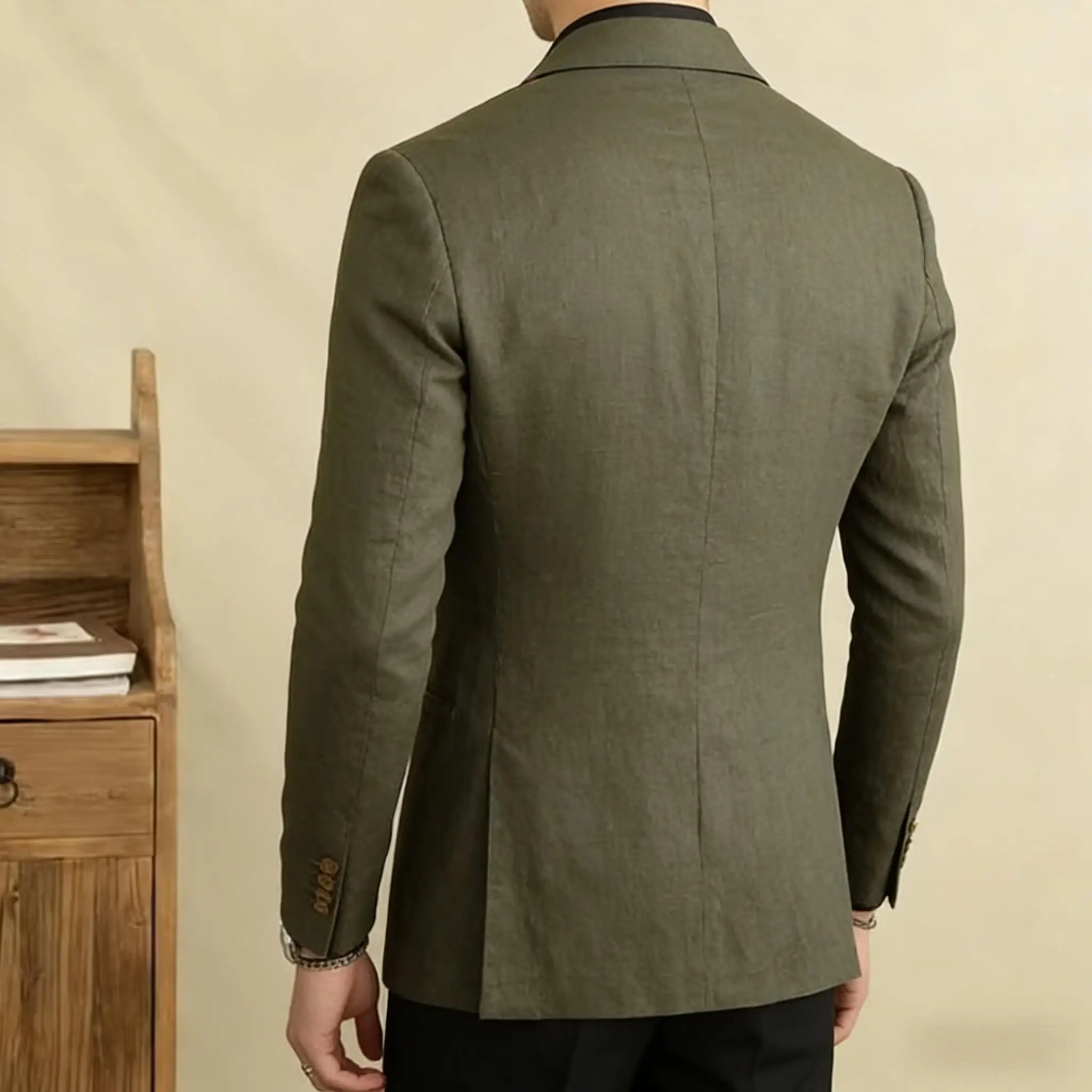 Vintage Men's Linen Blazer Double Breasted Peak Lapel Slim Fit Jacket Breathable Soft Wrinkle Free Business Casual Men Suit Coat image 6