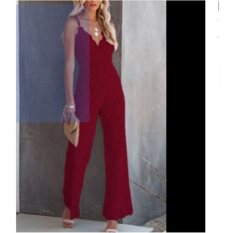 Women's Elegant Lace Jumpsuit V Neck Sleeveless Spaghetti Straps High Waist Long Wide Leg Jumpsuit Jumpsuit Sexy Work Wear