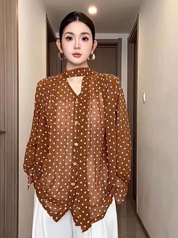 

Spring Summer Polka Dot Knot Loose Women's Sun Protection V-neck Chiffon Shirt Korean Style Long Sleeve Business Ca...