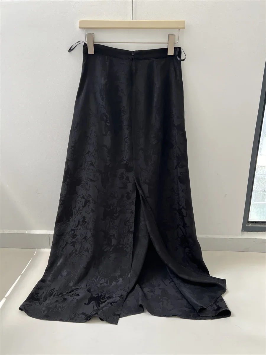 Back Split Womn Zipper High Waist Fashion Jacquard Black Midi Skirt Early Autumn