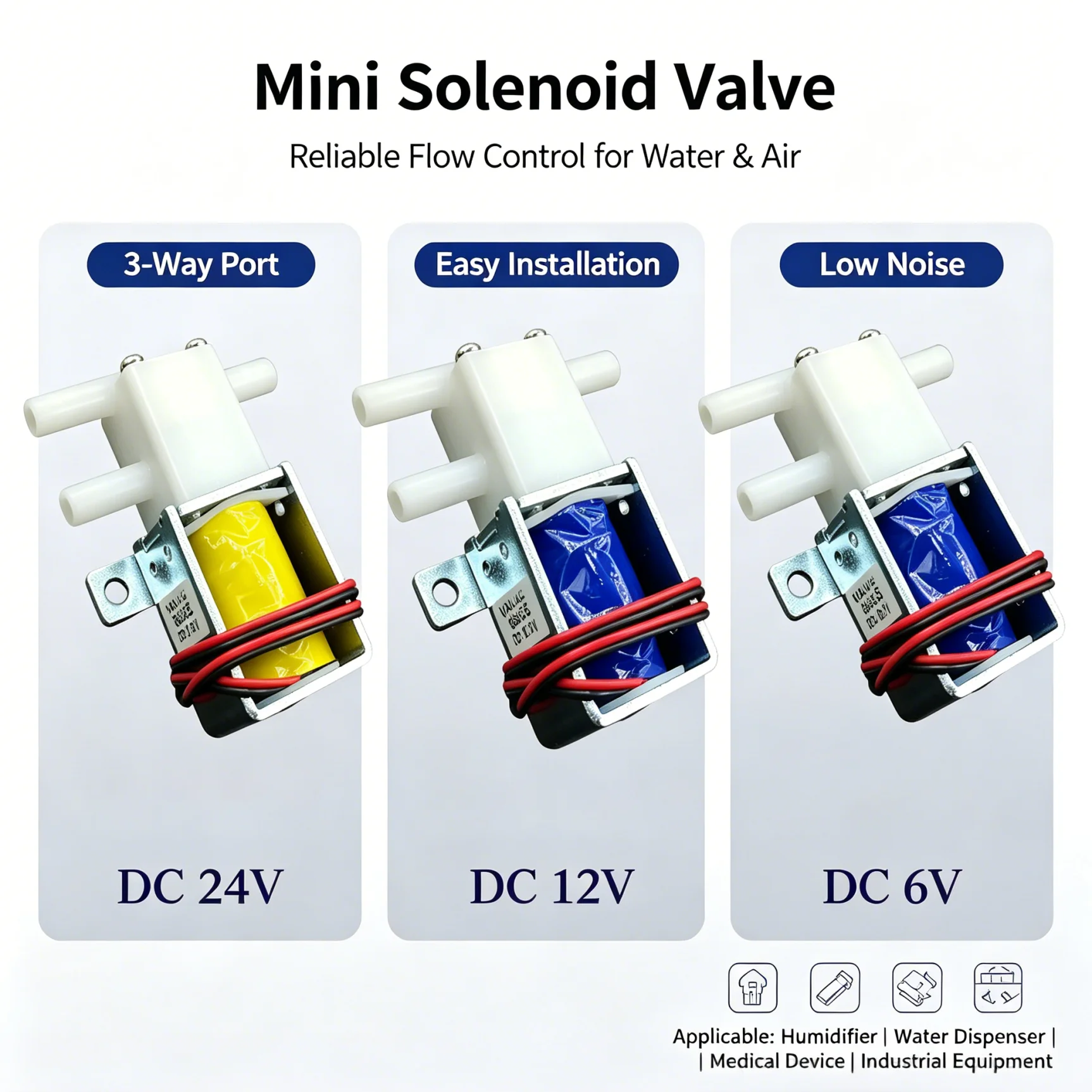 2-Position 3-Way Electric Solenoid Valve DC 6V-24V N/C NO Water/Air Flow Control