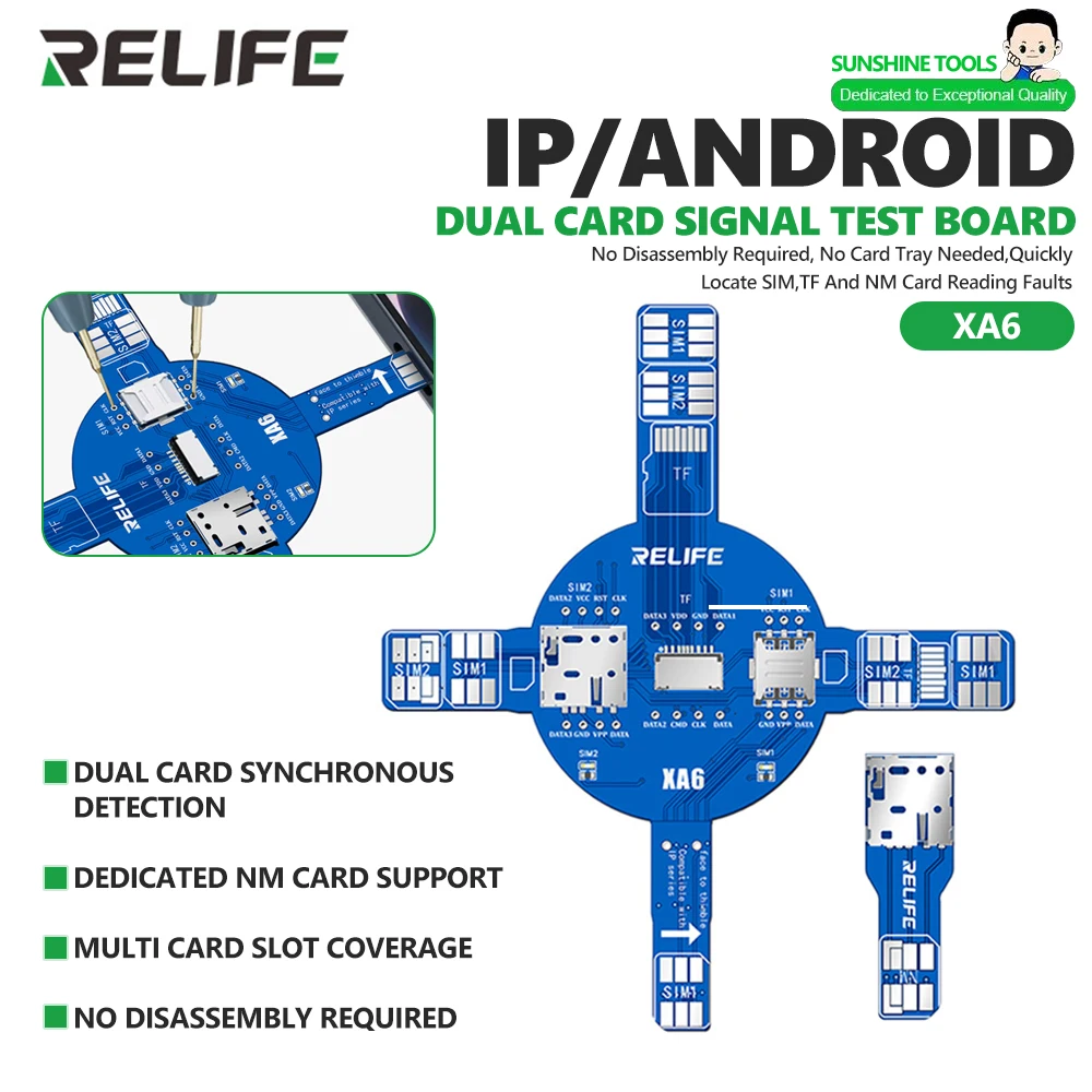 

RELIFE XA6 Dual-SIM Signal Test Board for IP/Android Phone Repair Non-Disassemble Device SIM/TF/NM Card Testing Tool