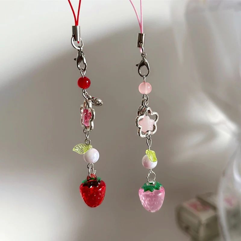 Sweet Y2K Cute Strawberry Mobile Phone Lanyard Lovely Fruits Pendant for Girls Aesthetic Cellphone Keychain Jewelry Gift