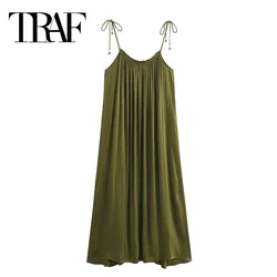 TRAF Pleated Slip Dress Woman Sleeveless Backless Long Dress Women Summer Midi Loose Casual Dresses 2024 Beach Holiday Dresses