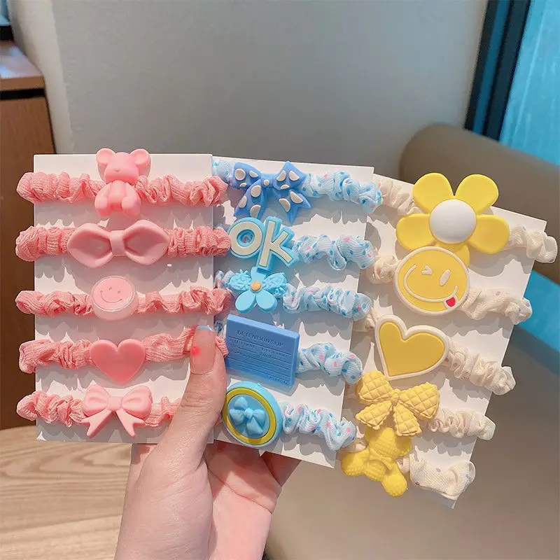 5pcs/Set Cute Heart Bow Bear Hair Ropes Candy Color Elastic Hair Ties Fashion Flower Ponytail Holders Hair Rings For Baby Girls