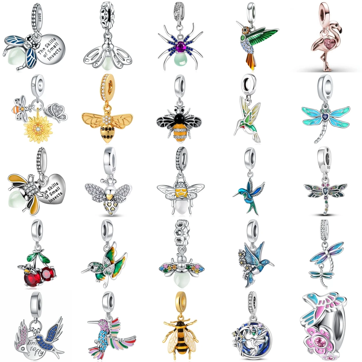 Breloques pendantes en argent S925, insectes (abeille, libellule, colibri, araignée, papillon), cerise, pour bracelet, bijoux DIY, cadeau pour femme
