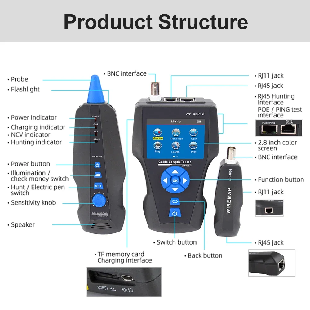 NOYAFA NF-8601S Cable Tester With PoE/PING Function Lan Measure Tester Measure Length Wiremap Tester Network Cable Tracker