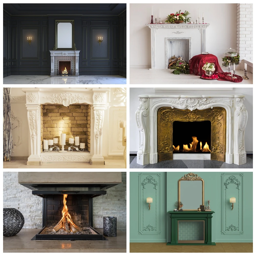 

Chic Wall Fireplace Vintage House Interior Decor Photography Backdrops Photo Backgrounds Christmas Photocall Photo Shoot