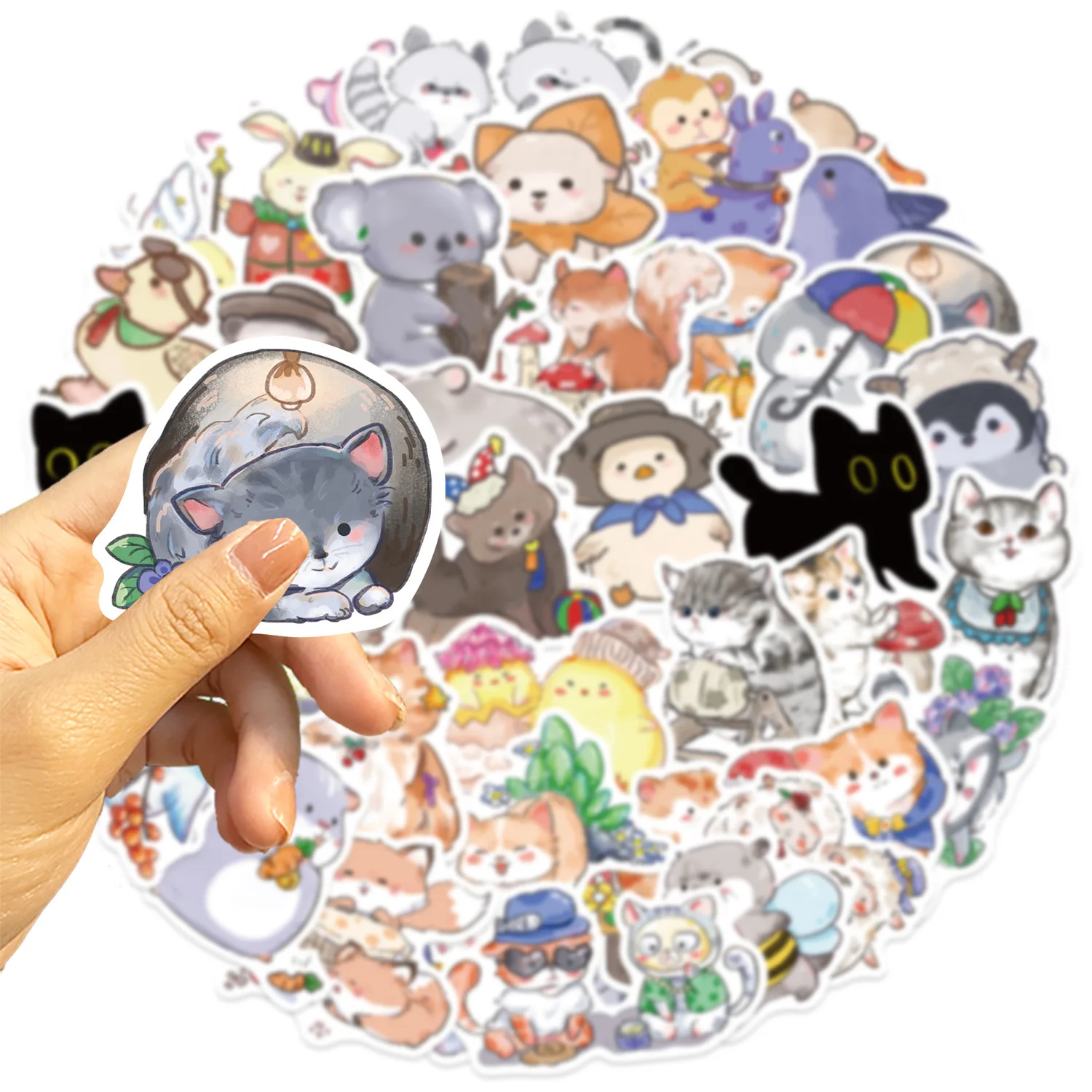 10/30/50PCS Cute Animal Stickers Cartoon Cat Decoration Kids Toys Hand Painted Style Sticker Laptop Phone Guitar Bike Skateboard