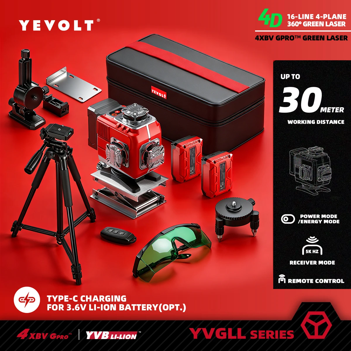 

Лазерный нивелир YEVOLT YVGLL4LD16 4D с 16 линиями, красный луч, 4-плоскостной, для работы в течение всего дня, самовыравнивающийся, для измерения горизонтали и вертикали