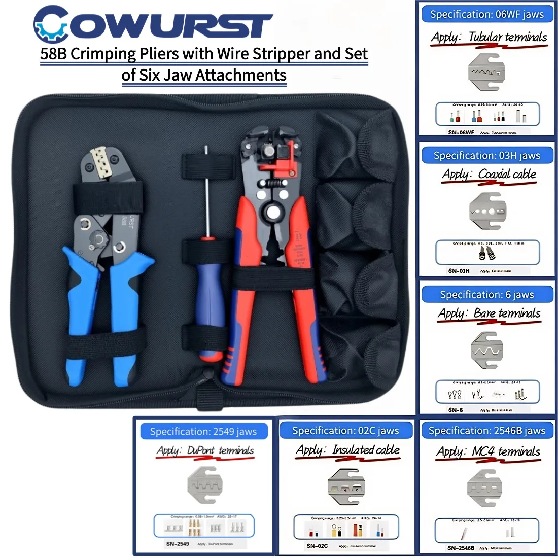 Multifunctional 7.5-inch crimping pliers with wire stripper and six jaw sets, suitable for home appliance repair