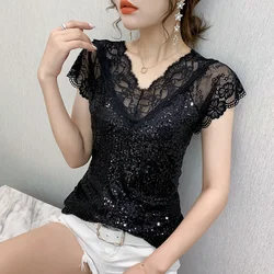 #7105 Black White Sequin T Shirt Women V Neck Spliced Lace Sexy Skinny T Shirt Female Hollow Out Short Sleeved Women's T-shirt