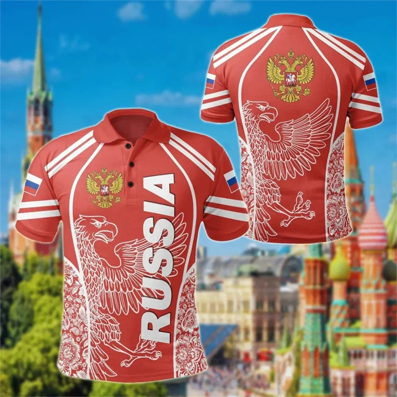 3D Printed Russian Flag Polo Shirt For Men National Emblem Pattern Tees Summer Casual Oversized Short Sleeve Tops Lapel T-Shirts view 2