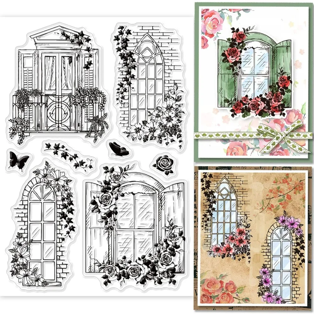 Fairy Door Window Vines Clear Stamps Window Pattern Transparent Silicone Stamps for DIY Scrapbooking Supplies Embossing Paper