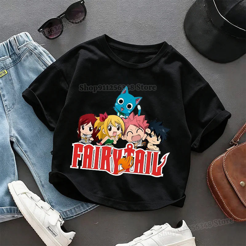 Fairy Tail Anime T-Shirt Chibi Print Short Sleeve Tee Shirts Cotton Casual Graphic Top Cute Cartoon Summer Daily Wear Clothes