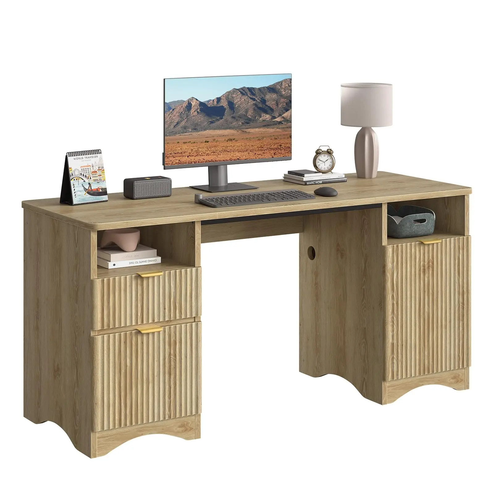 

NOST&HOST Computer Desk with 2 Drawer, 59 inch Office Desk with Storage Cabinet & 2 Open Storage, Fluted Executive Desk for Home Office & Studio, Brown Oak