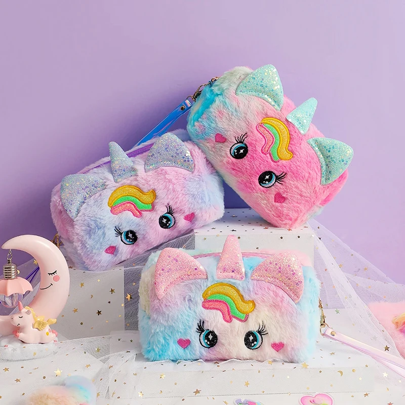 Cartoon Unicorn Big Eyes Plush Bag Colourful Bag Girl Storage Bag Cosmetic Bag Pencil Bag Cute Stationery Holder Bag Kid Gifts