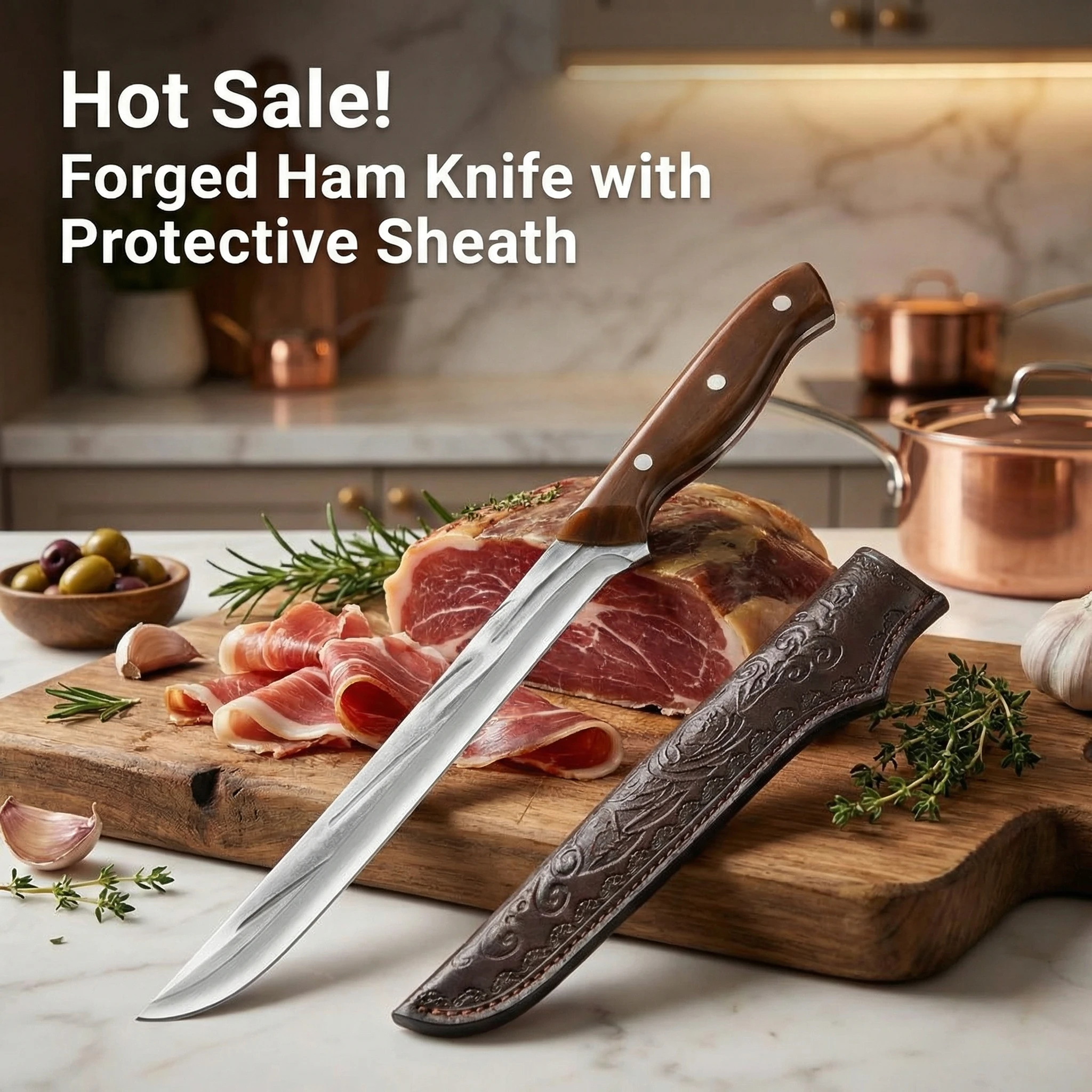 Cuchillo Premium para Cortar Jamón - Cuchillo Profesional de Acero Inoxidable Ultra Afilado para Jamón, Prosciutto y Carne