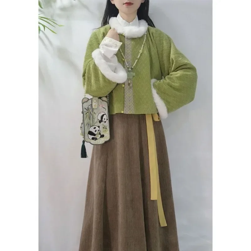 Winter Traditional Chinese Tang Dynasty Style Hanfu Dress Green Fleece Long Sleeved Cost Walnut Skirt Vêtements Chinois Femme