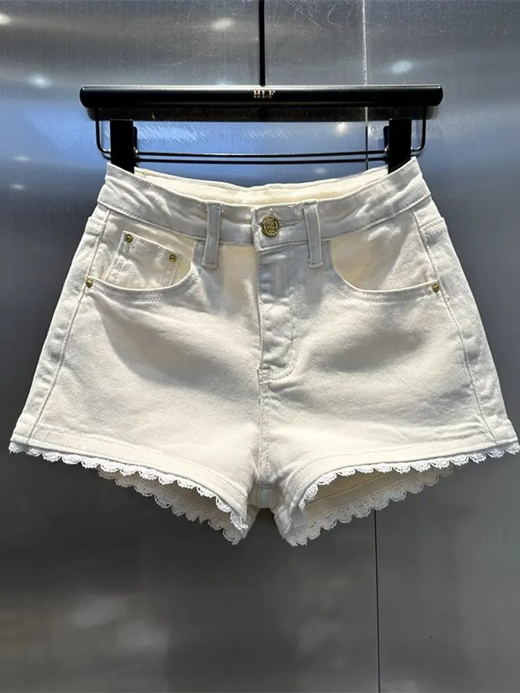 

High Waist A-Line Short Jeans Lace Splicing Slimming Summer Trendy Casual Style Wide Leg Pants Cool Feeling Loose Fit Jeans