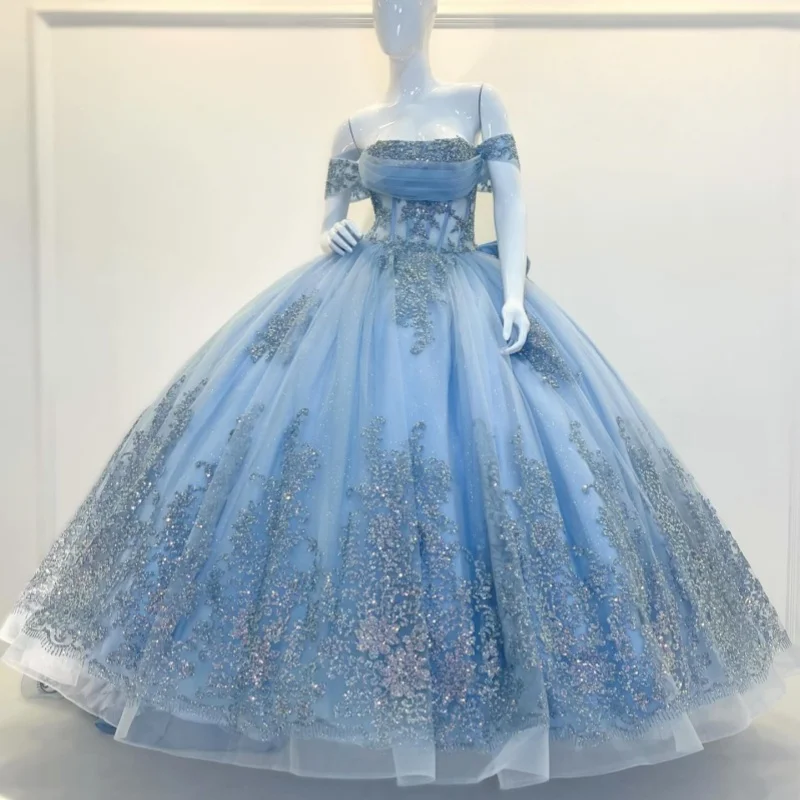 

Light Blue Quinceanera Dresses Off the Shoulder Glitter Crystal Decal Long tail Bow Vestidoe 15 Quinceanera Customize