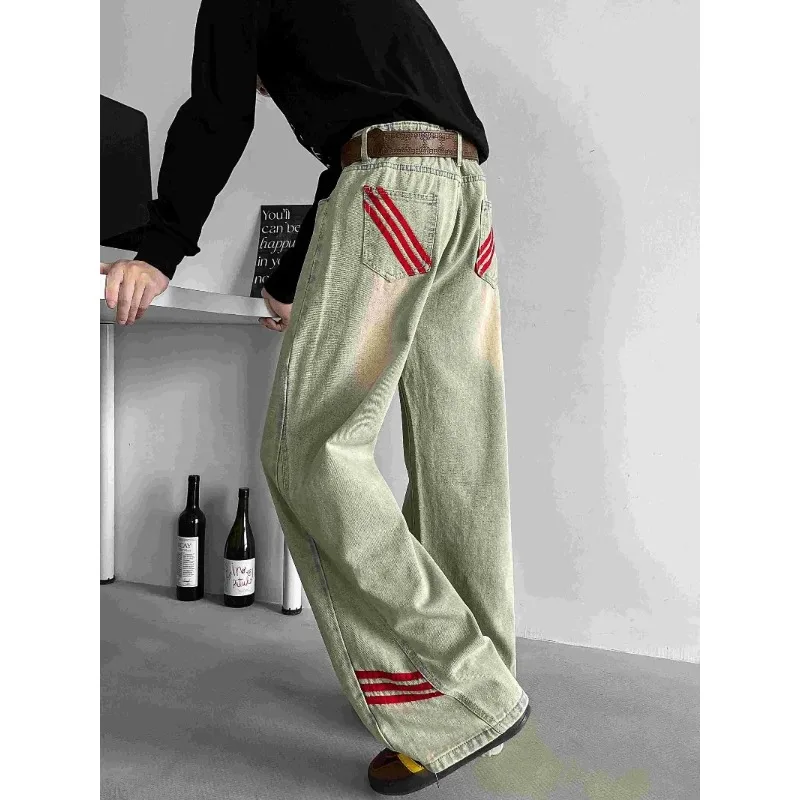 

2025 Autumn Winter New Vintage High Street Washed Patchwork Striped Design Men's Jeans Hip Hop Trend Loose Casual Long Pants