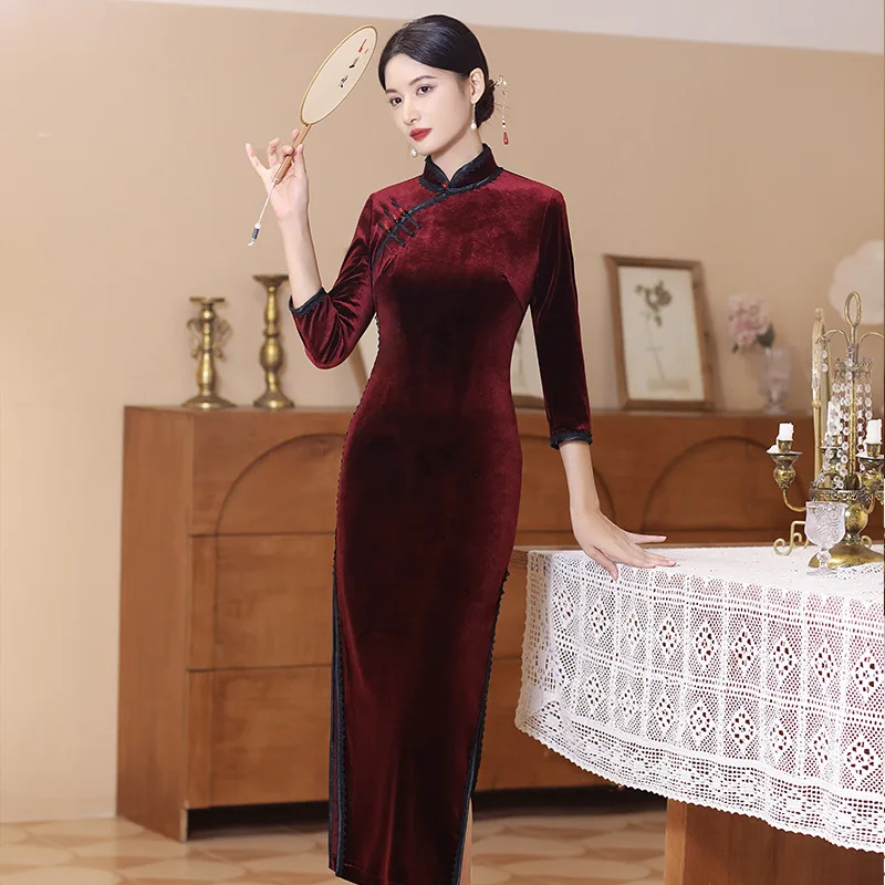 Autumn Winter Black Velvet Cheongsam Fashion Long Retro Style Dress Elegant Wedding Party Costumes Qipao M To 5XL