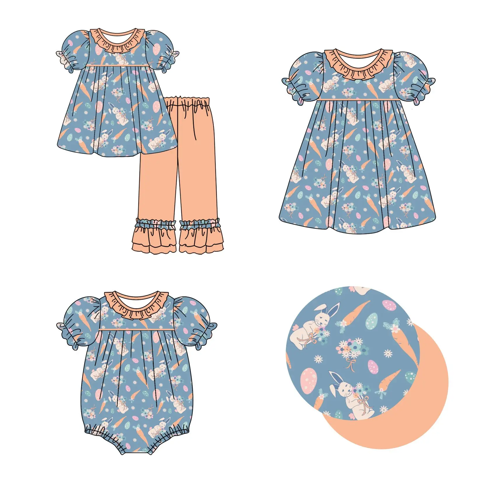 Easter boutique children's suit short sleeve elastic carrot rabbit egg print trousers lace girl suit baby jumpsuit dress