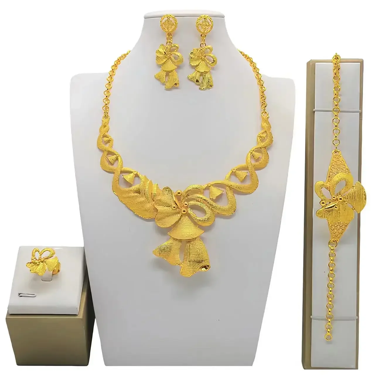 Fashion Indian Dubai Gold Color Long Necklace Earrings Ring Bracelet Jewelry Set Ethiopian African Jewellery Bridal Party Gifts