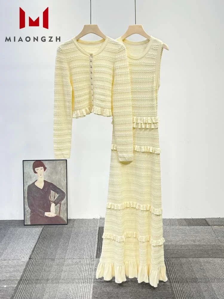 

2025 Spring New Ruffled Knitted O Neck For Women Sleeveless Slimming Party Dresses or Long Sleeve Cardigan Coat Female Clothing