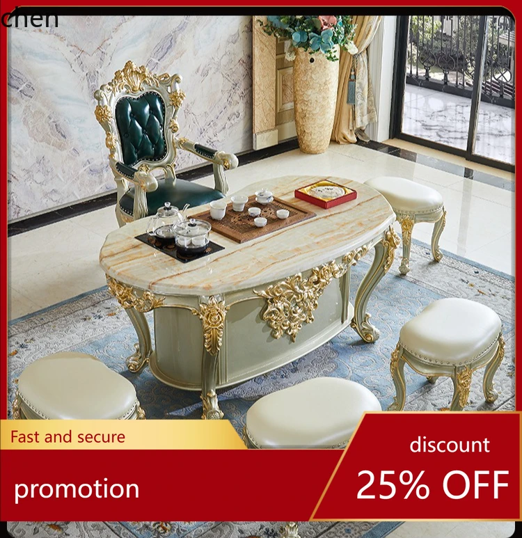 

CZ Tea Table Solid Wood Carved Marble Tea Table Villa Clubhouse Kung Fu Tea Art Table for Home Use