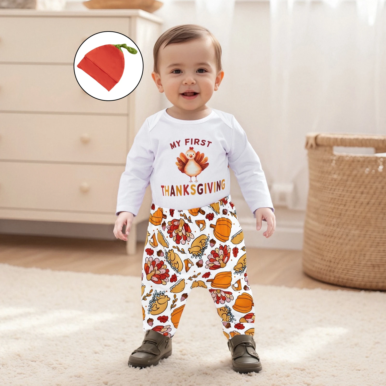 

Одежда из 3 предметов на День Благодарения для мальчиков, белый комбинезон с длинными рукавами и круглым вырезом, штаны с принтом тыквы и индейки, комплекты одежды со шляпой