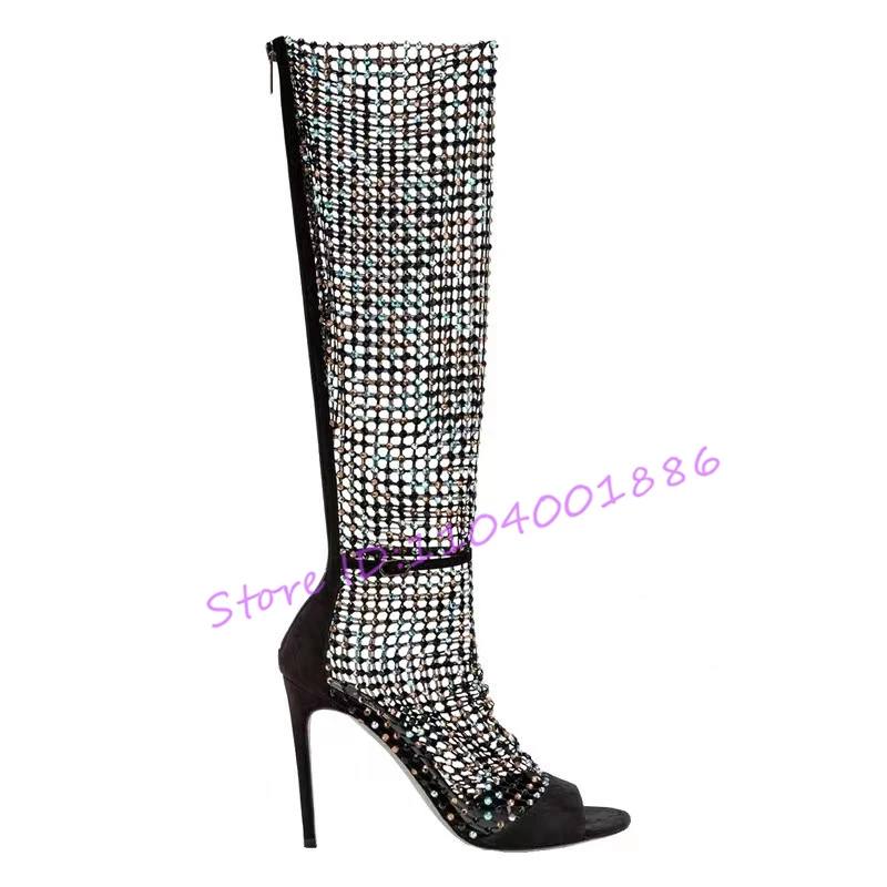 Bling Bling Rhinestone Mesh Elastic Knee High Boots Sexy Hollow Zipper Stiletto Sandals Brand Design Party Nightclub Women Shoes