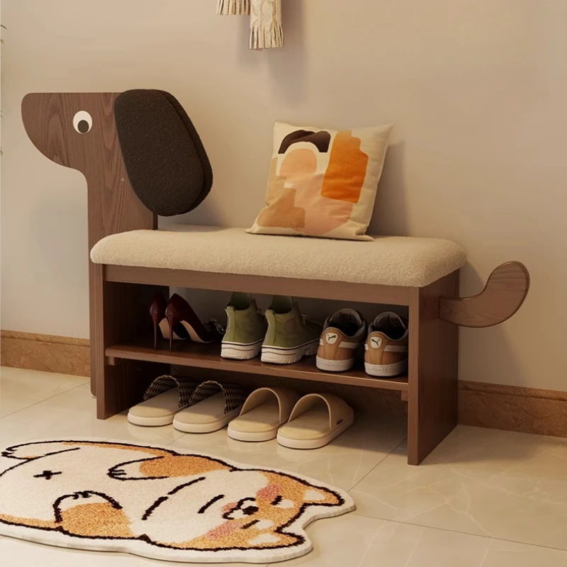 

Cute Solid Wood Dog Shoe Changing Stool At The Entrance Creative Double Layer Entrance Dog Shoe Rack with Storage Shoe Cabinet