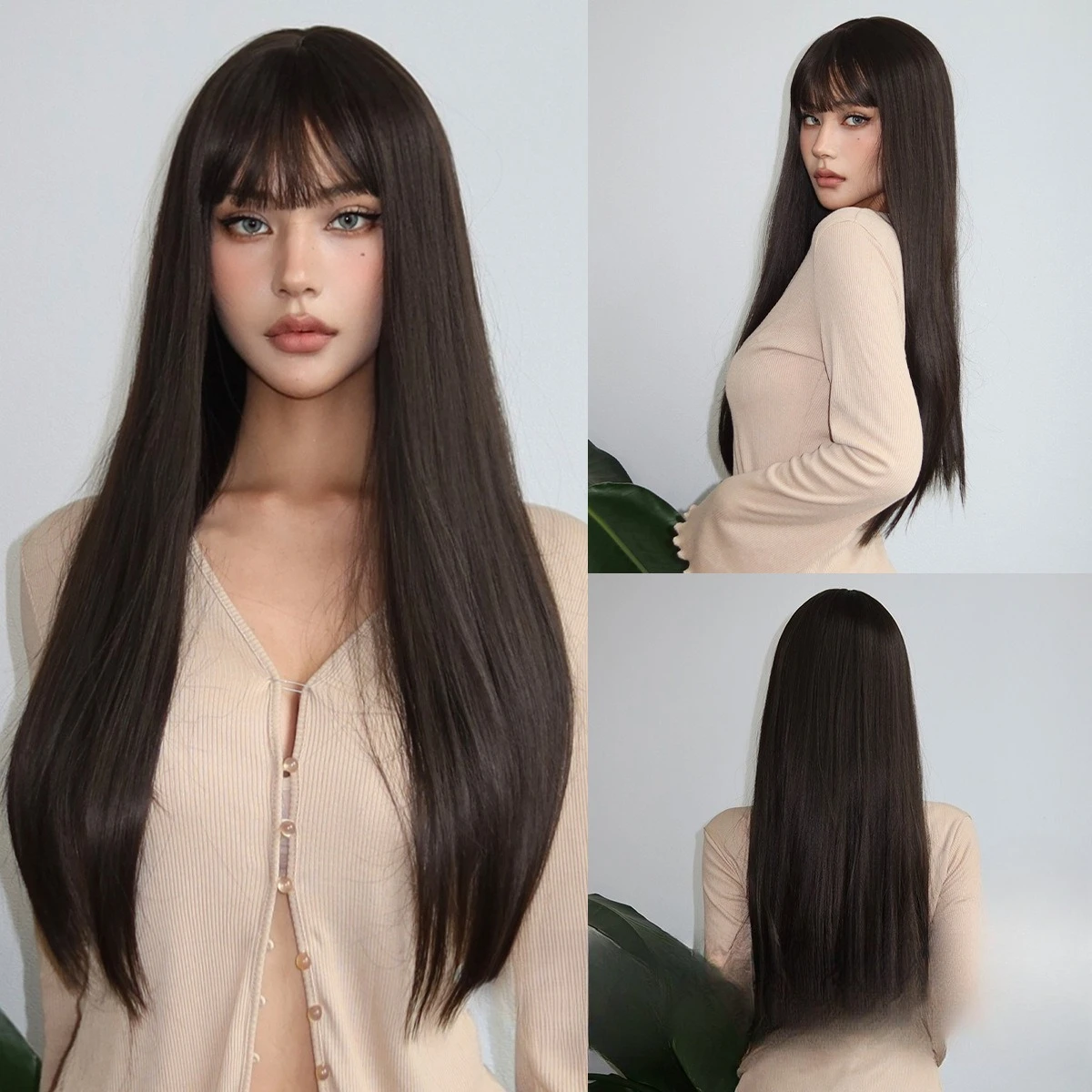 

Royal sister wind black long straight wig styling dress up Qi bangs long straight hair full head cover integrated women Korean