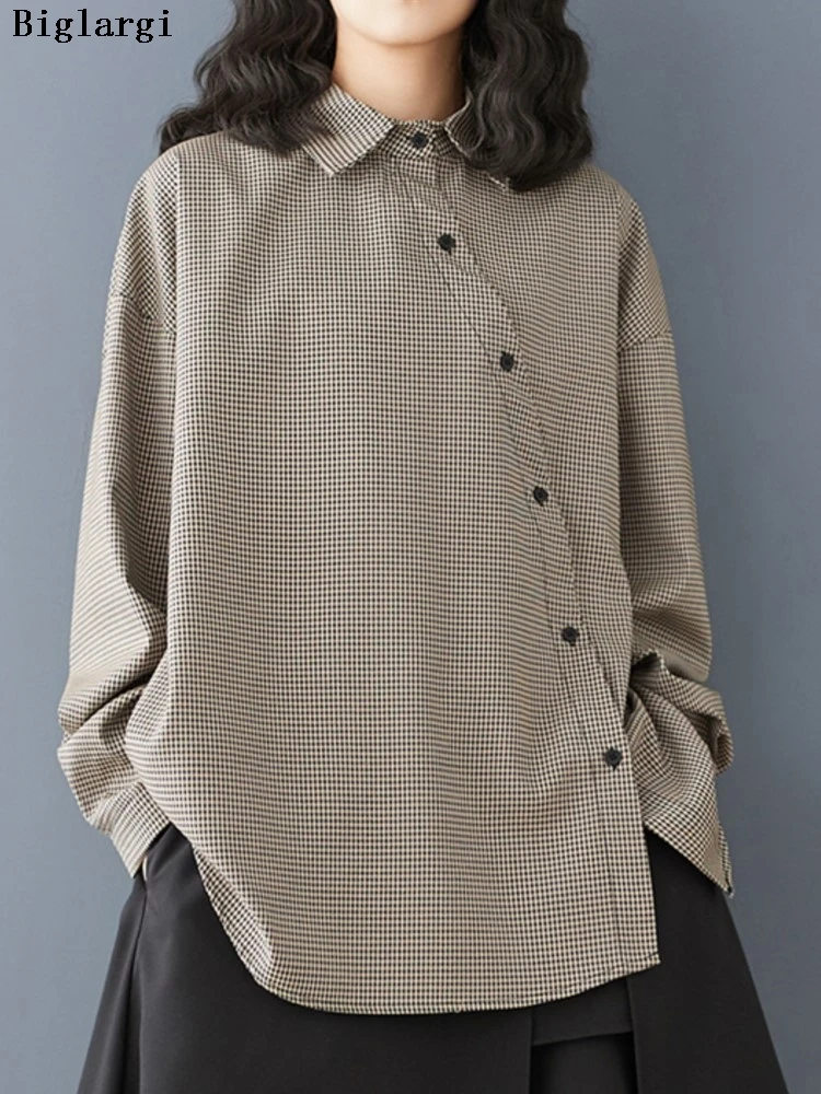 Camisa xadrez de primavera de grandes dimensões topos feminino irregular modis solto senhoras blusas casuais manga longa mulher camisas topos